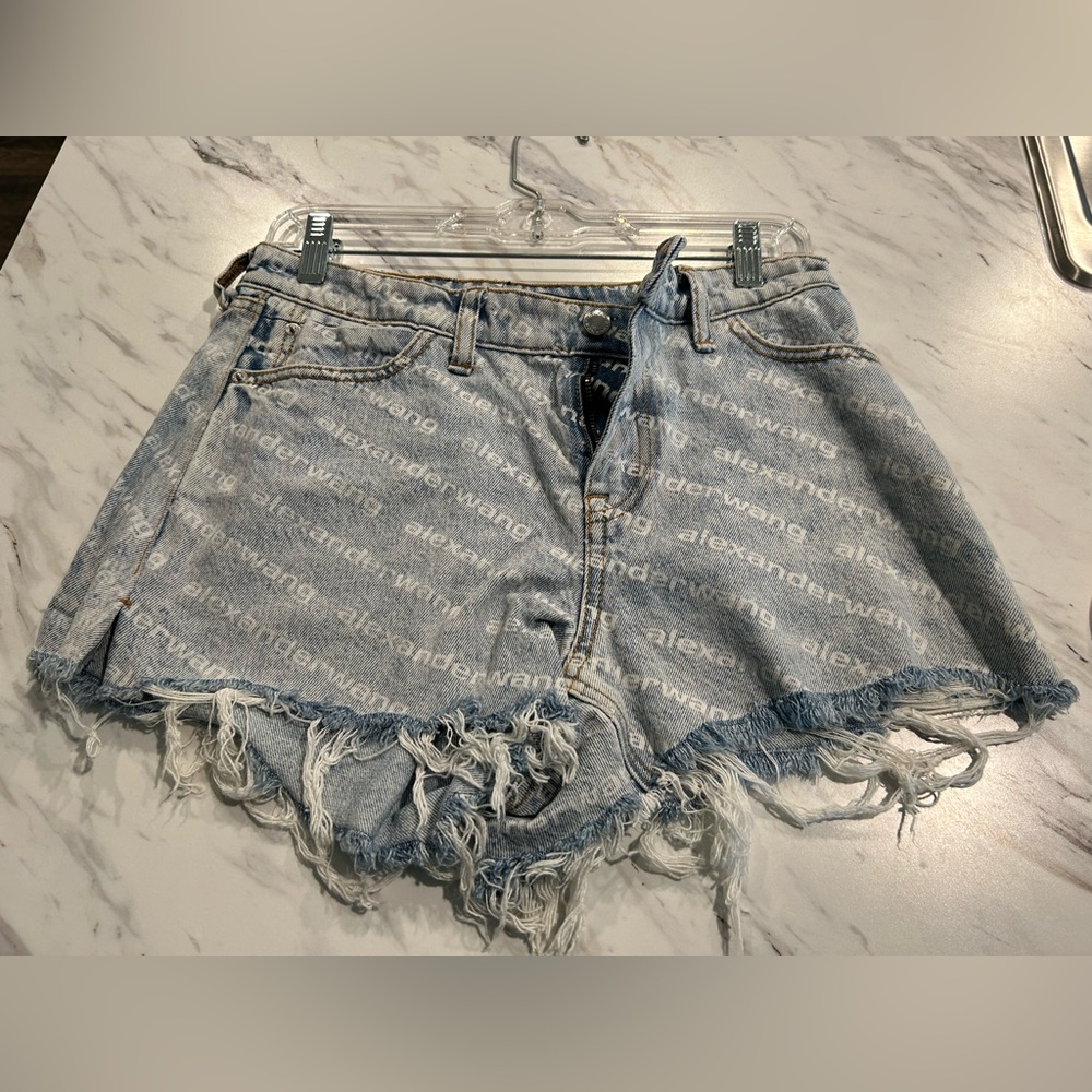Alexander Wang Light Blue Distressed Logo Denim Shorts